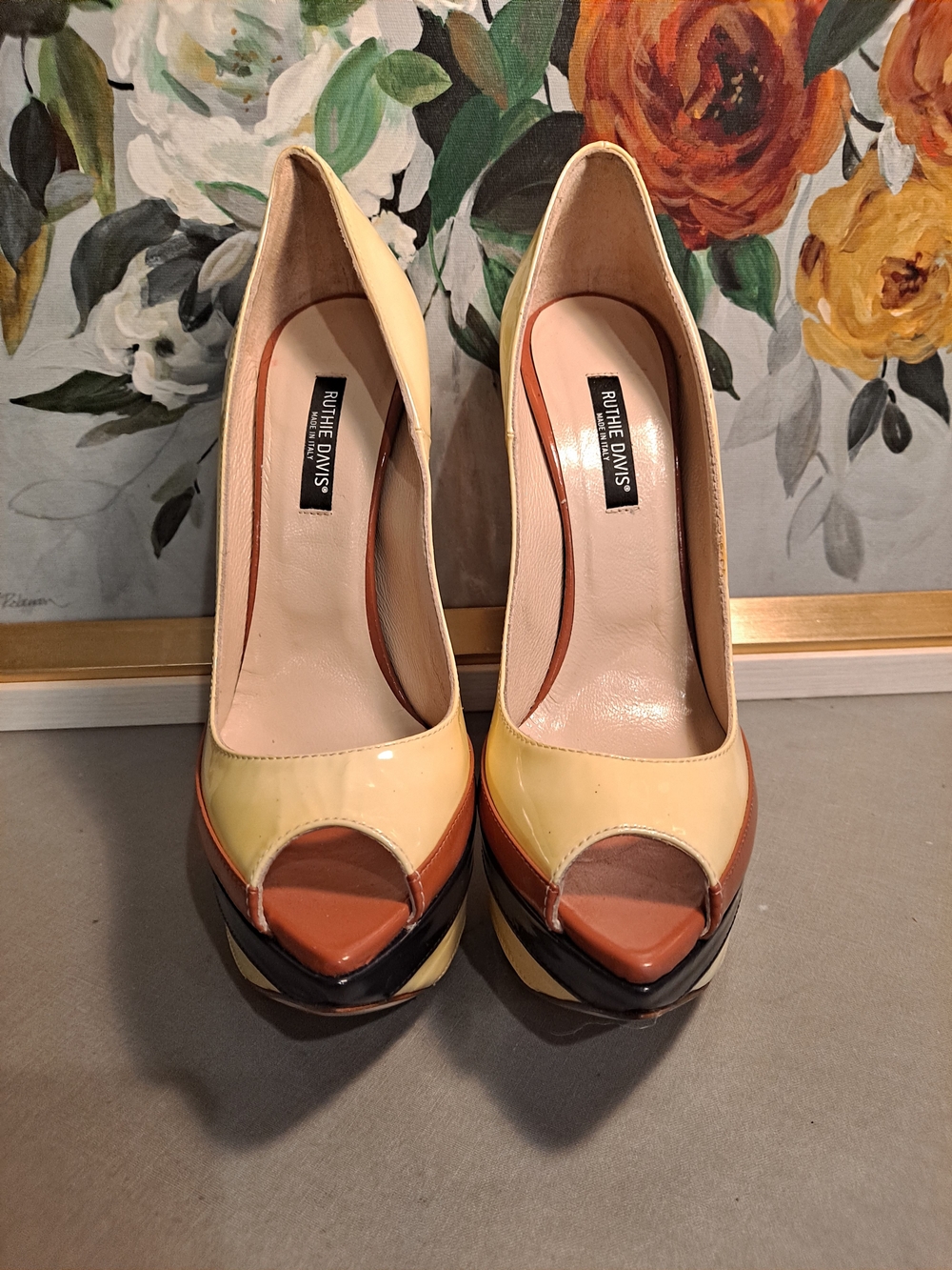 Ruthie Davis Boardwalk Yellow Tan Navy Patent Peep-Toe Platform Stiletto Pumps